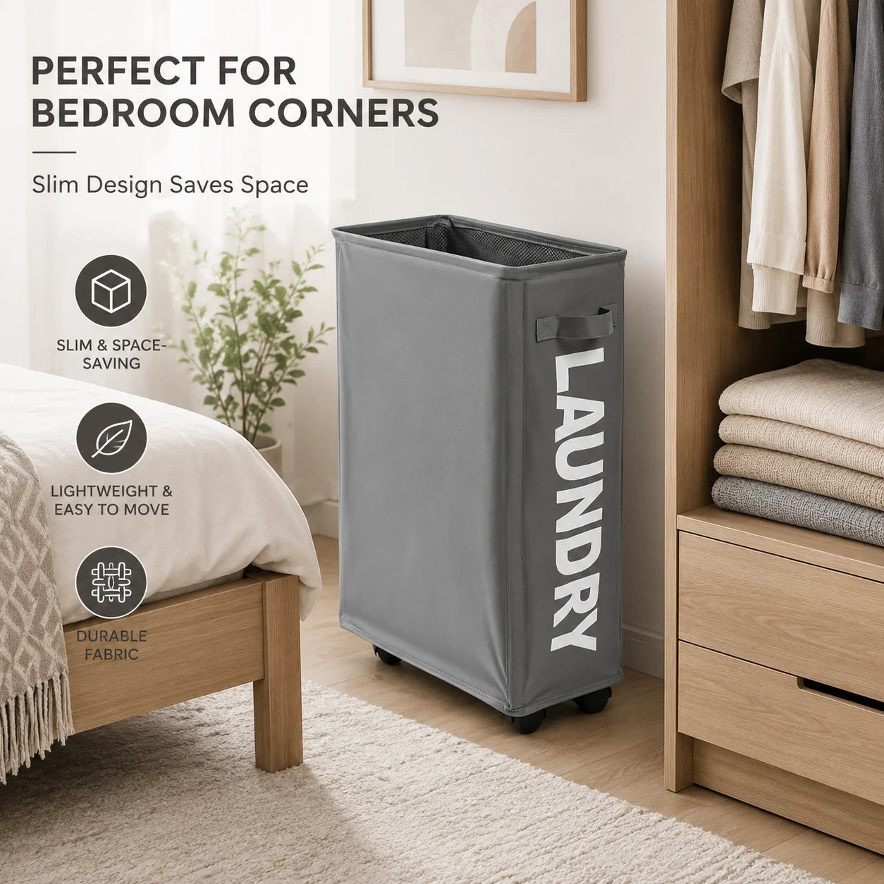 Slim Laundry Hamper with Wheels Rolling Laundry Basket Narrow Storage Bag Tall Dirty Clothes Hamper for Bathroom Bedroom Laundry Room