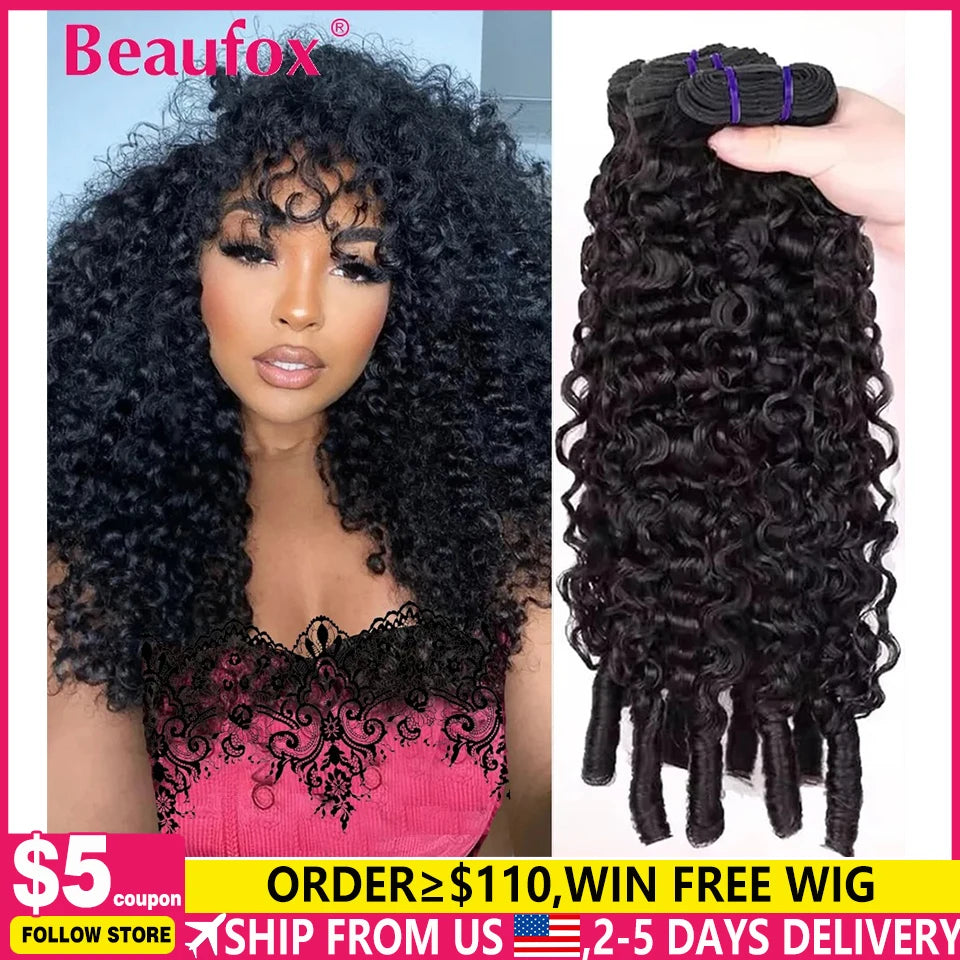 Beaufox Burmese Curly Hair Bundles Pixie Curly Bundles Human Hair Virgin Water Wave Human Hair Bundles Ocean Spiral Curly 30”