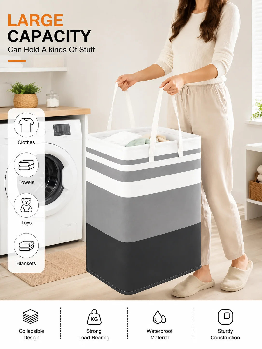 Collapsible Laundry Hamper, Large Capacity Laundry Basket, Dirty Clothes Storage Basket, Freestanding Laundry Bag with Handles