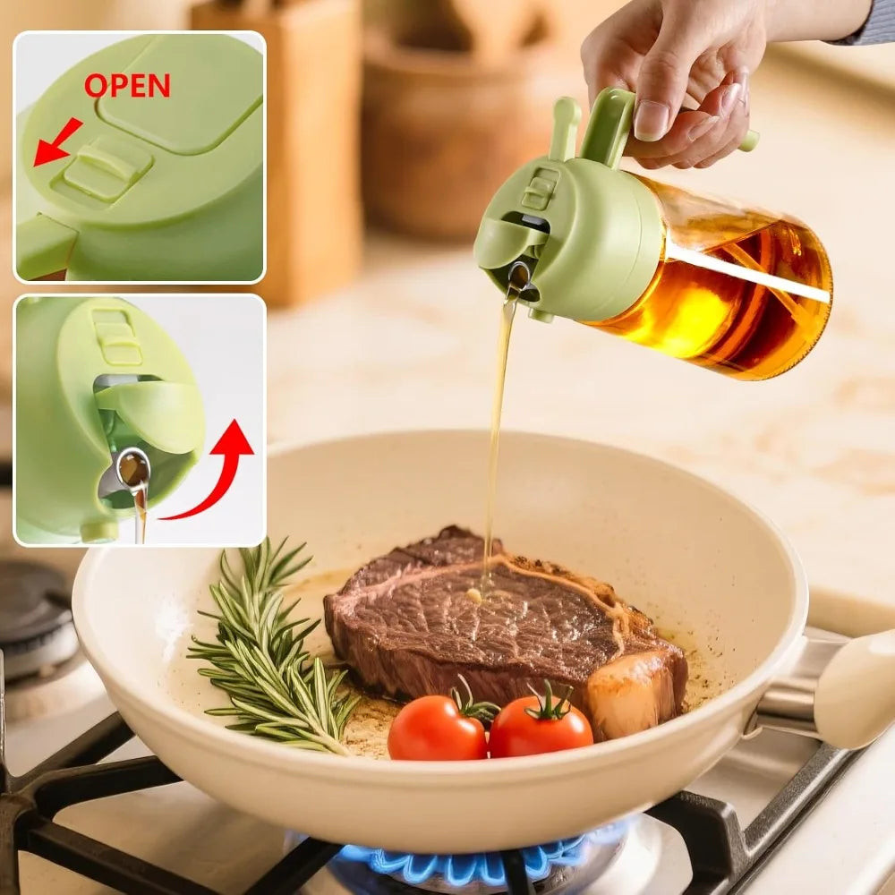 Green Glass Oil Sprayer and Dispenser Bottle for Cooking 16 oz 470 ml Kitchen Gadget Accessories Perfect for Air Frying Salad Dressing BBQ Grilling Baking Healthy Food Prep Non-Aerosol Mister with Reusable Labels and