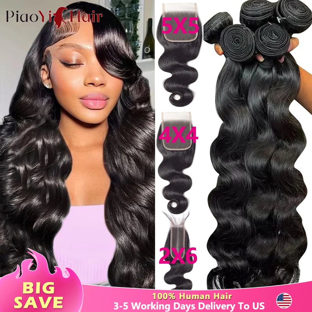 Body Wave Human Hair Bundles With 4x4/5x5 Closure 100% Raw Human Hair Weave Extensions 2X6 Middle Part Lace With HBundles
