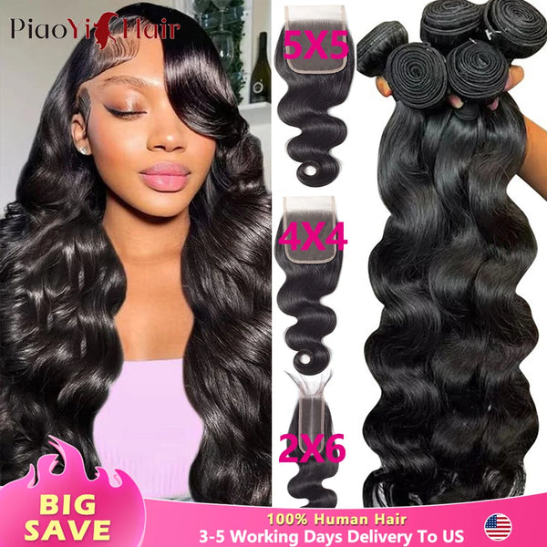 Body Wave Human Hair Bundles With 4x4/5x5 Closure 100% Raw Human Hair Weave Extensions 2X6 Middle Part Lace With HBundles
