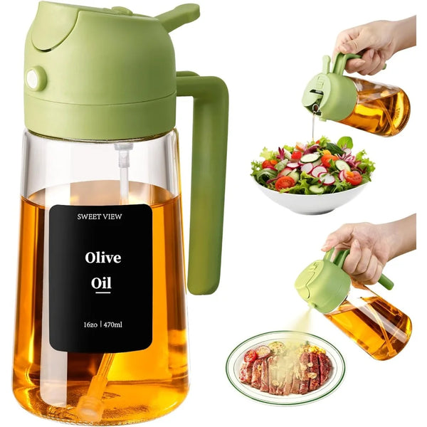 Green Glass Oil Sprayer and Dispenser Bottle for Cooking 16 oz 470 ml Kitchen Gadget Accessories Perfect for Air Frying Salad Dressing BBQ Grilling Baking Healthy Food Prep Non-Aerosol Mister with Reusable Labels and