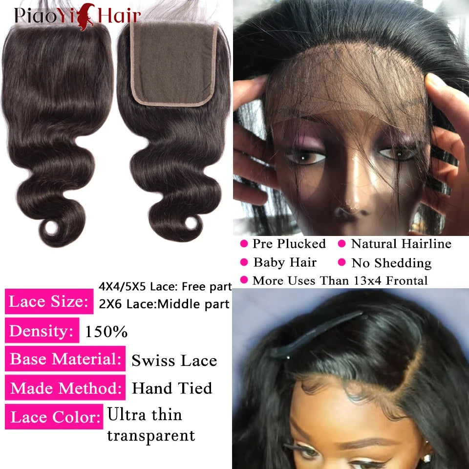 Body Wave Human Hair Bundles With 4x4/5x5 Closure 100% Raw Human Hair Weave Extensions 2X6 Middle Part Lace With HBundles