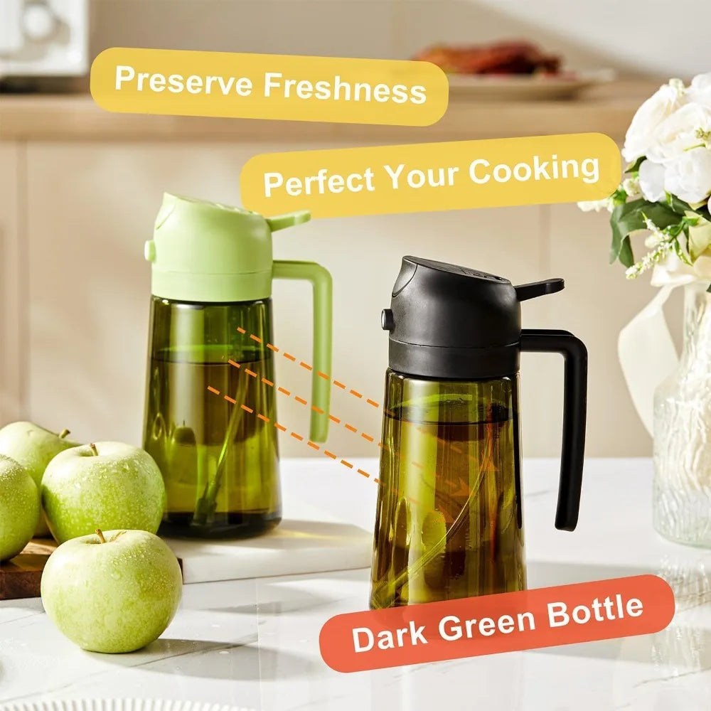 Light Proof 16oz 470ml Olive Oil Dispenser & Sprayer Bottle 2 in 1 Kitchen Gadget for Cooking Baking Air Frying Salad Dressing Healthy Food Prep Mister Atomizer Non-Aerosol with Removable Labels Stickers Dark Glass