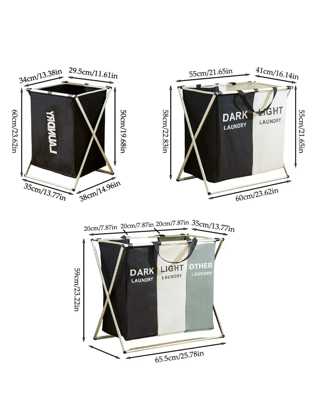 Multi-Compartment Laundry Basket with Handles, 3/2/1-Slot Dirty Clothes Hamper, Large Portable Fabric Storage Bin for Bedroom, Dorm, Apartment, Black