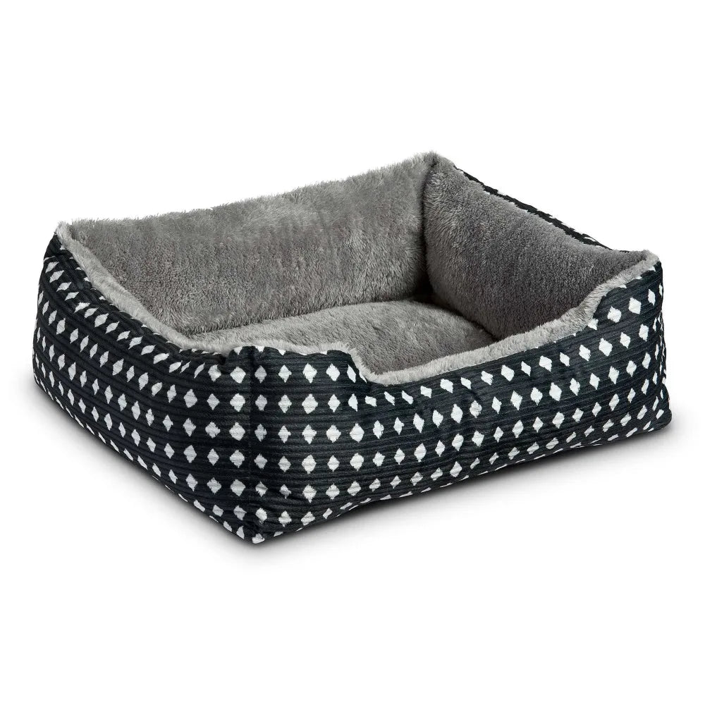 Small Cuddler Pet Bed for Cats and Dogs Soft Washable Cushion Black White Diamond Pattern 19x15 Inches Cozy Plush Mat