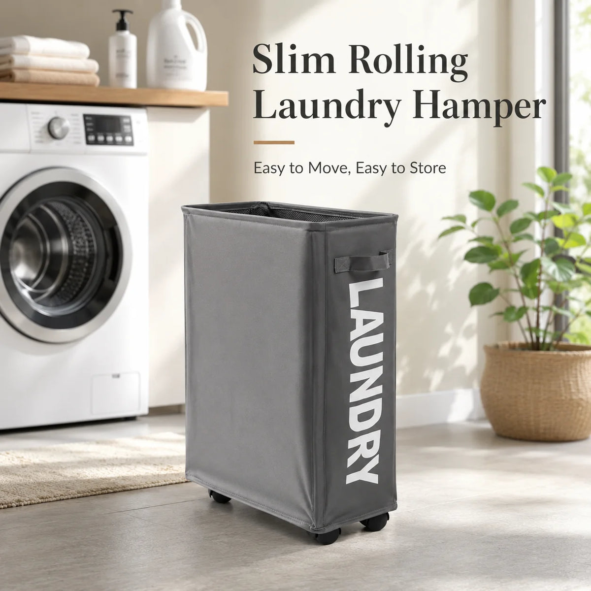 Slim Laundry Hamper with Wheels Rolling Laundry Basket Narrow Storage Bag Tall Dirty Clothes Hamper for Bathroom Bedroom Laundry Room