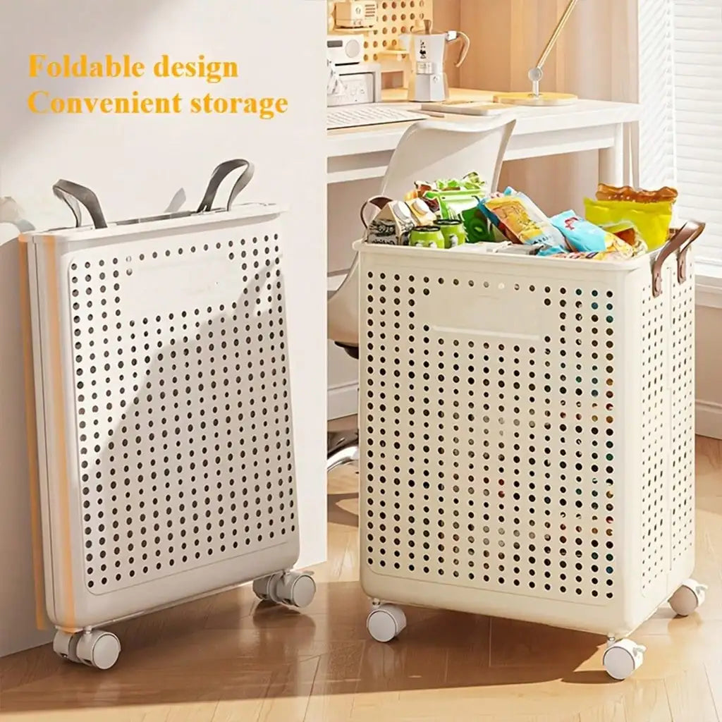 Foldable Wheeled Laundry Basket with Rolling Wheels, Large Capacity Plastic Laundry Hamper, Portable Rolling Storage Bin for Bathroom, Balcony, Dorm