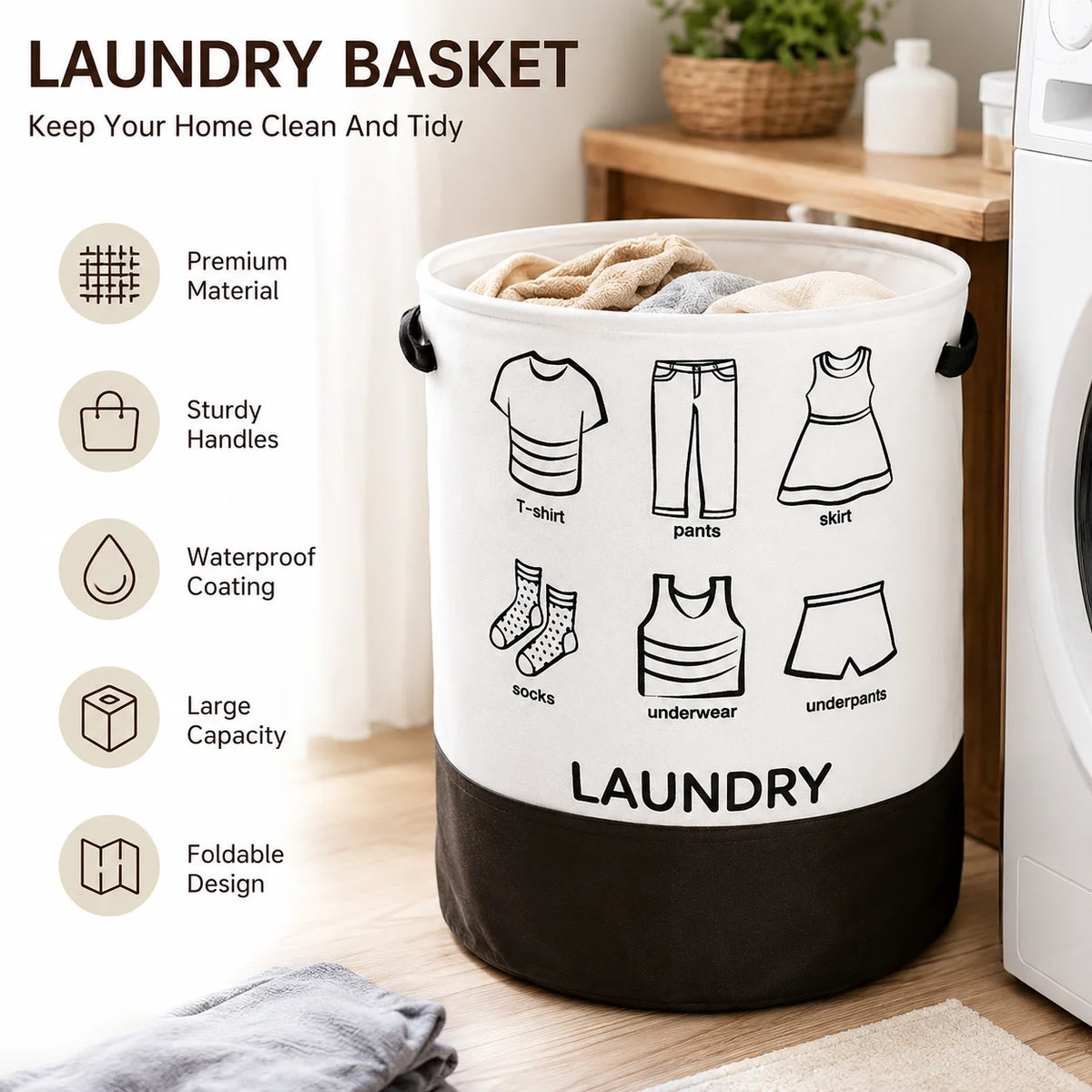 Foldable Laundry Hamper Large Capacity Dirty Clothes Storage Basket Waterproof Laundry Bag Toy Towel Organizer Bin with Durable Handles