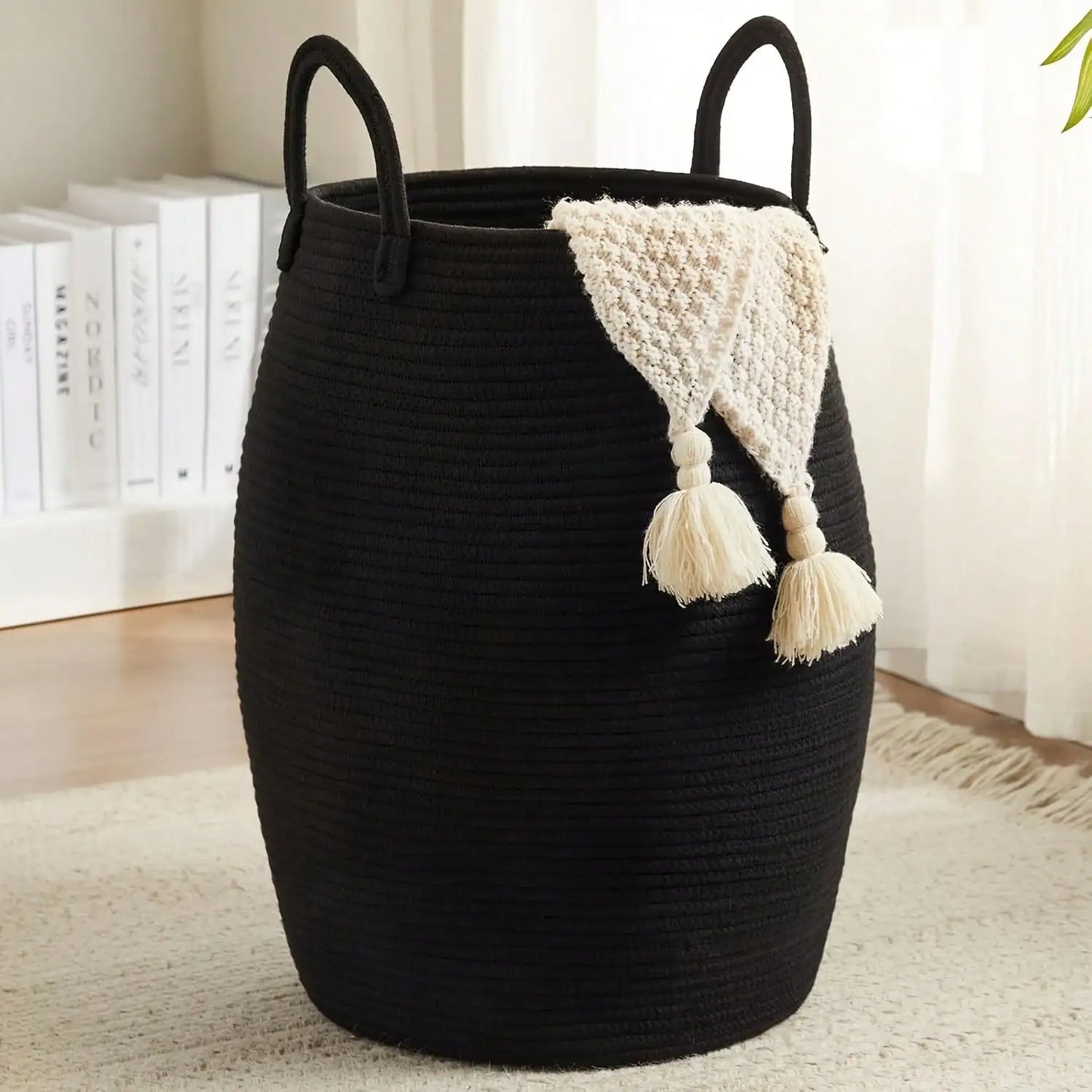 Woven Storage Basket with Handles, Large Cotton Rope Laundry Hamper, Bohemian Black & Beige Organizer for Blankets, Toys & Clothes, Rustic Farmhouse Decor