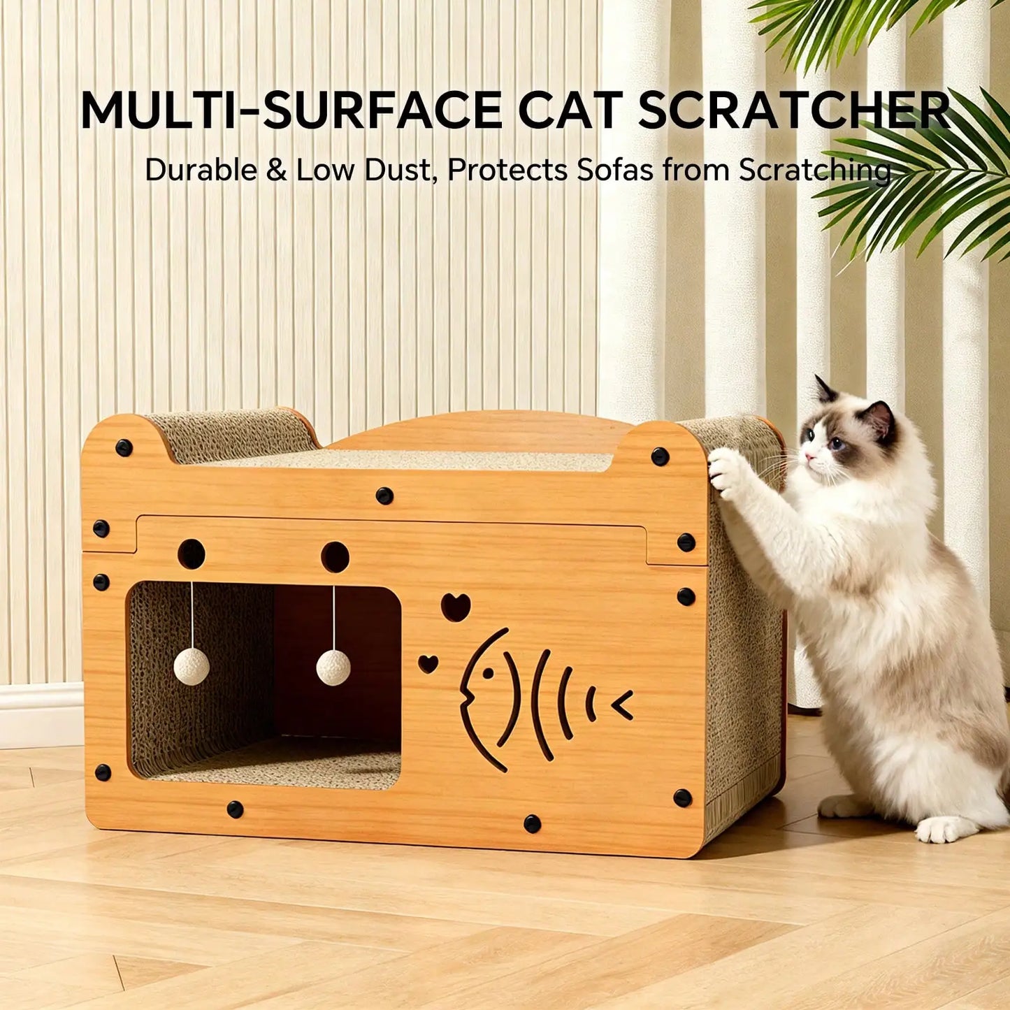 Cat Scratching Board And Resting Bed |   Durable Cardboard Scratcher With Hanging Toys, Suitable For Kittens/Adult Cats, Space-Saving All-Season Comfort, Scratching Posts, Popular Cat Nest Storage Furniture With Cat Toy Ball