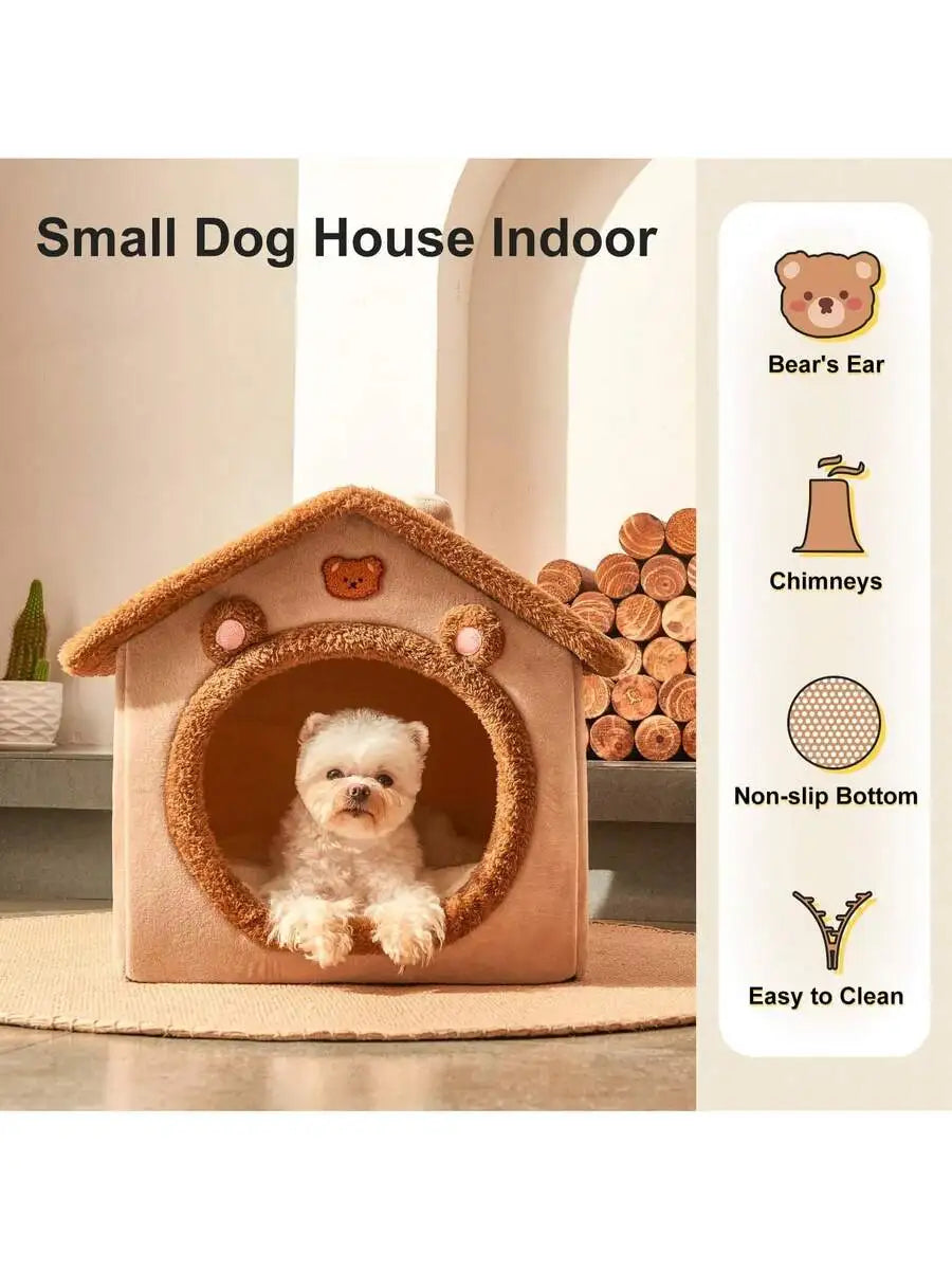 Cozy Cat Cave Bed, Removable Cushion & Pillow, Soft & Warm Pet House For Cats & Small Dogs, Cute Bear Design Pet Nest
