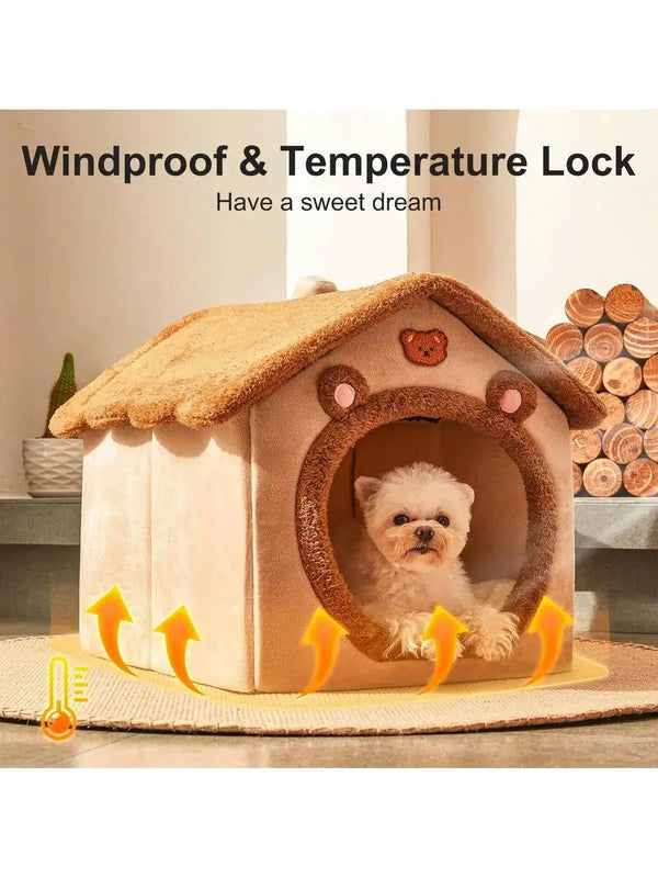 Cozy Cat Cave Bed, Removable Cushion & Pillow, Soft & Warm Pet House For Cats & Small Dogs, Cute Bear Design Pet Nest
