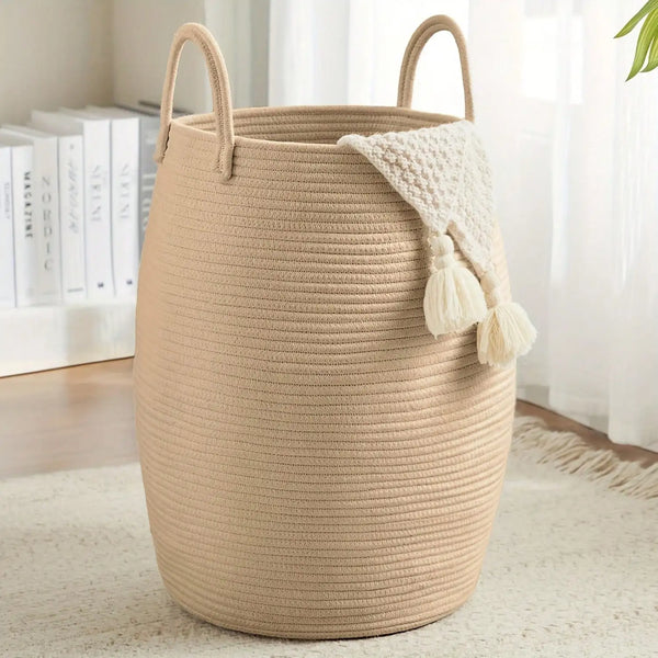 Woven Storage Basket with Handles, Large Cotton Rope Laundry Hamper, Bohemian Black & Beige Organizer for Blankets, Toys & Clothes, Rustic Farmhouse Decor