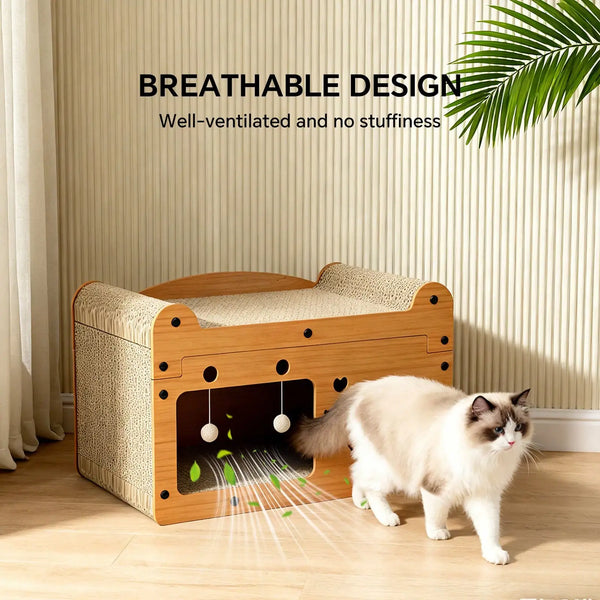 Cat Scratching Board And Resting Bed |   Durable Cardboard Scratcher With Hanging Toys, Suitable For Kittens/Adult Cats, Space-Saving All-Season Comfort, Scratching Posts, Popular Cat Nest Storage Furniture With Cat Toy Ball