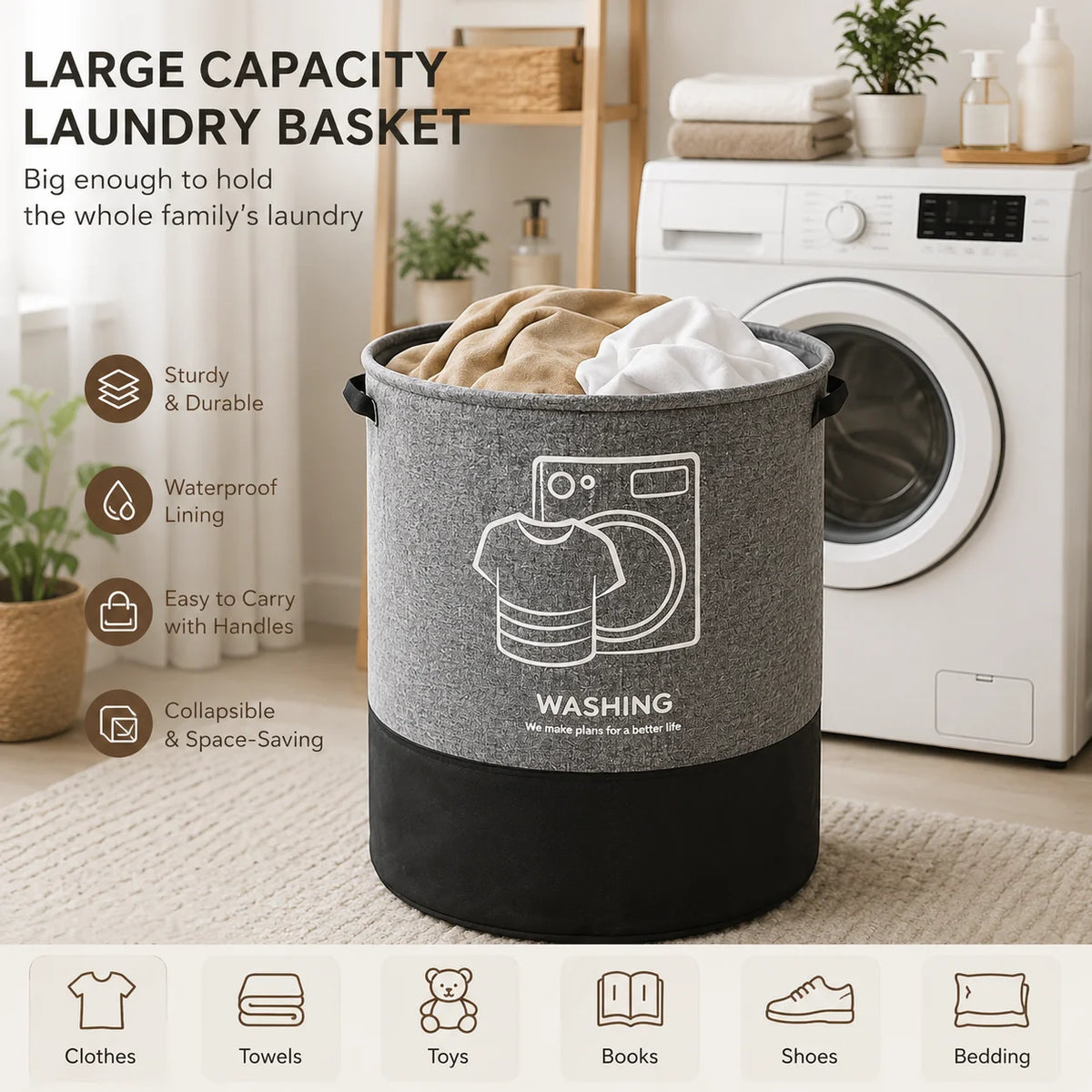 Foldable Laundry Hamper Large Capacity Dirty Clothes Storage Basket Waterproof Laundry Bag Toy Towel Organizer Bin with Durable Handles