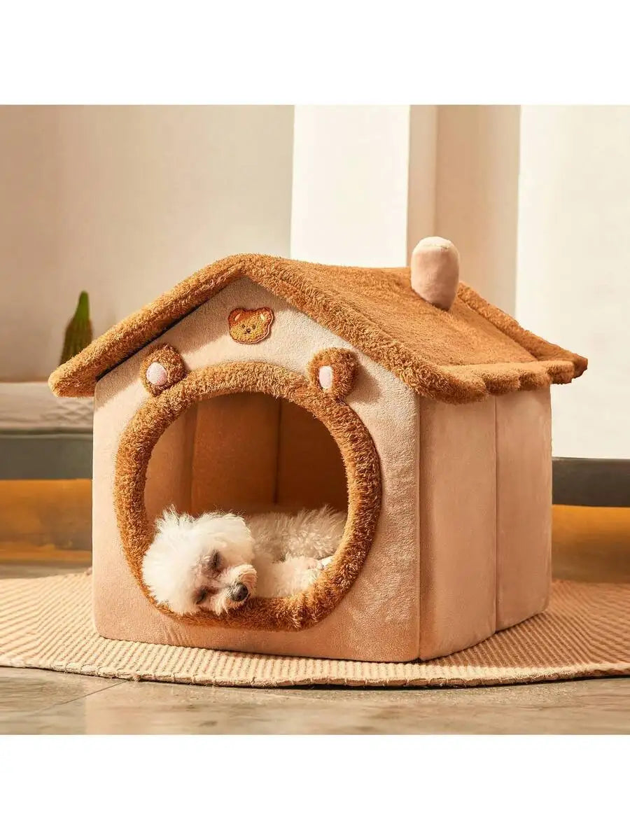 Cozy Cat Cave Bed, Removable Cushion & Pillow, Soft & Warm Pet House For Cats & Small Dogs, Cute Bear Design Pet Nest