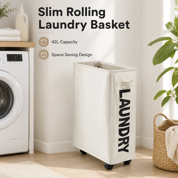 Slim Laundry Hamper with Wheels Rolling Laundry Basket Narrow Storage Bag Tall Dirty Clothes Hamper for Bathroom Bedroom Laundry Room