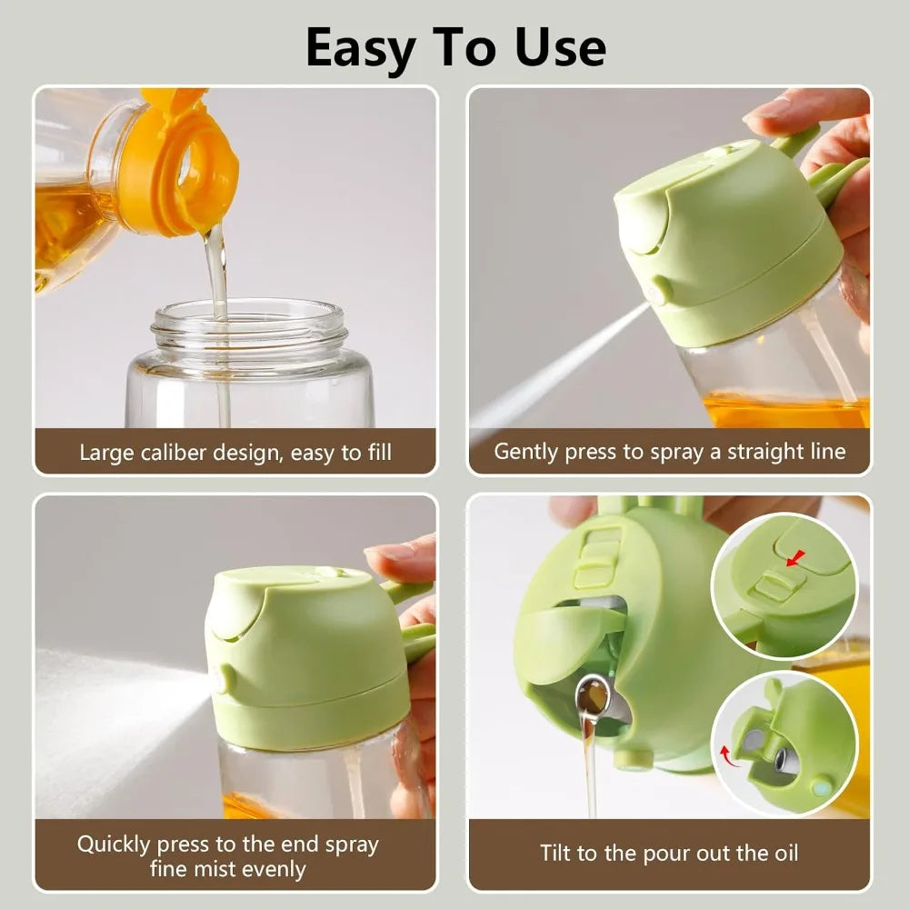Green Glass Oil Sprayer and Dispenser Bottle for Cooking 16 oz 470 ml Kitchen Gadget Accessories Perfect for Air Frying Salad Dressing BBQ Grilling Baking Healthy Food Prep Non-Aerosol Mister with Reusable Labels and