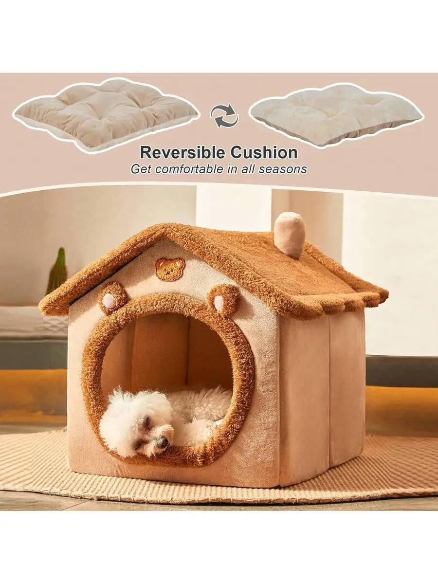 Cozy Cat Cave Bed, Removable Cushion & Pillow, Soft & Warm Pet House For Cats & Small Dogs, Cute Bear Design Pet Nest
