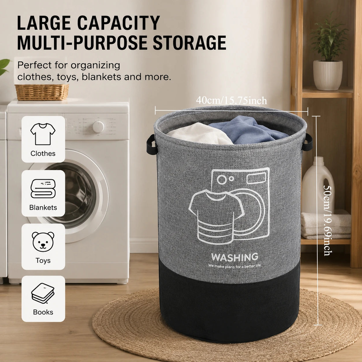 Foldable Laundry Hamper Large Capacity Dirty Clothes Storage Basket Waterproof Laundry Bag Toy Towel Organizer Bin with Durable Handles