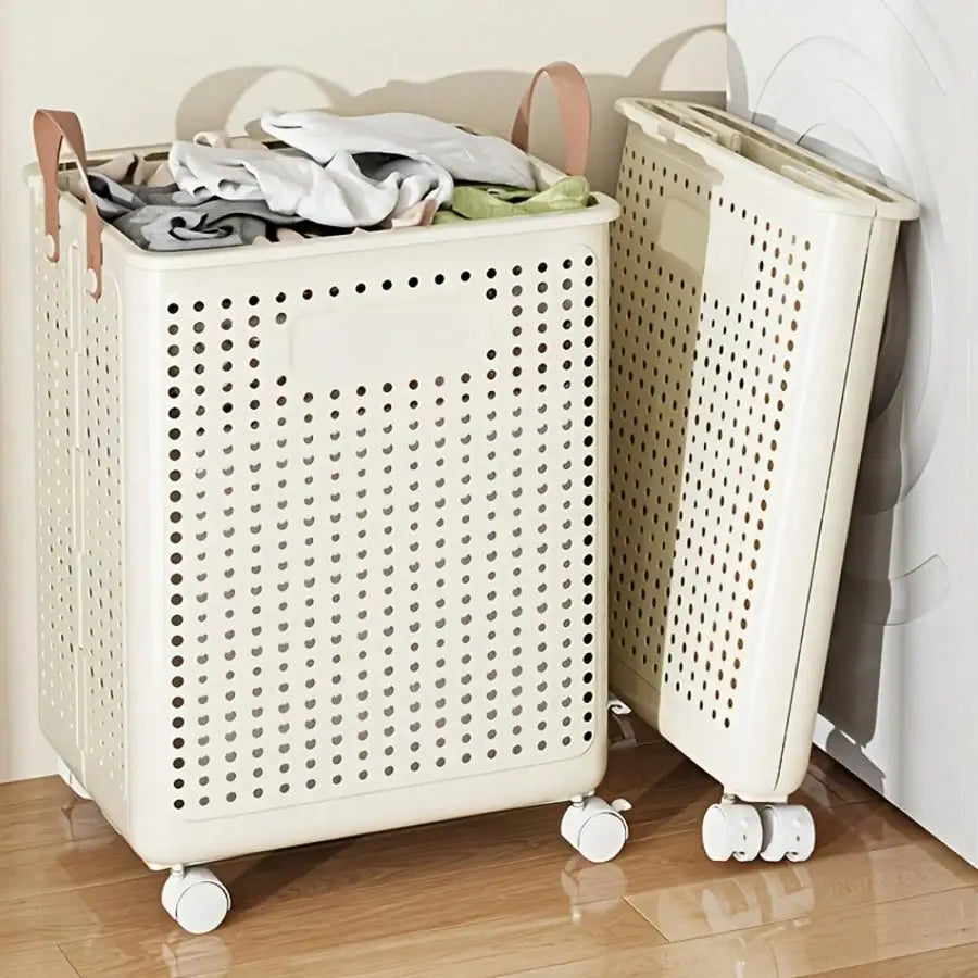 Foldable Wheeled Laundry Basket with Rolling Wheels, Large Capacity Plastic Laundry Hamper, Portable Rolling Storage Bin for Bathroom, Balcony, Dorm