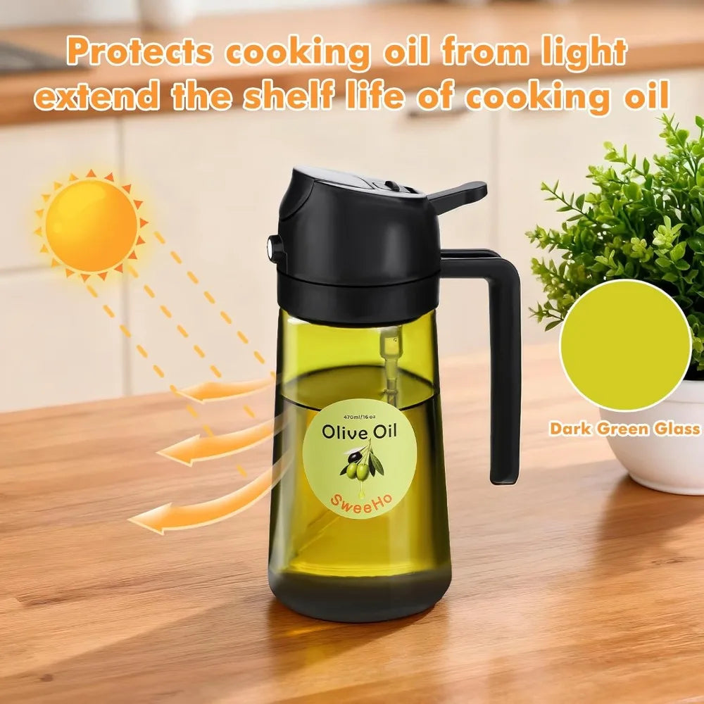 Premium Glass Oil Mister Spray Bottle and Dispenser 2 in 1 for Healthy Cooking 470ml Large Capacity Refillable Olive Oil Sprayer Perfect for Air Fryer Oven Baking Grilling BBQ Salad Kitchen Use Food Grade BPA Free Dark