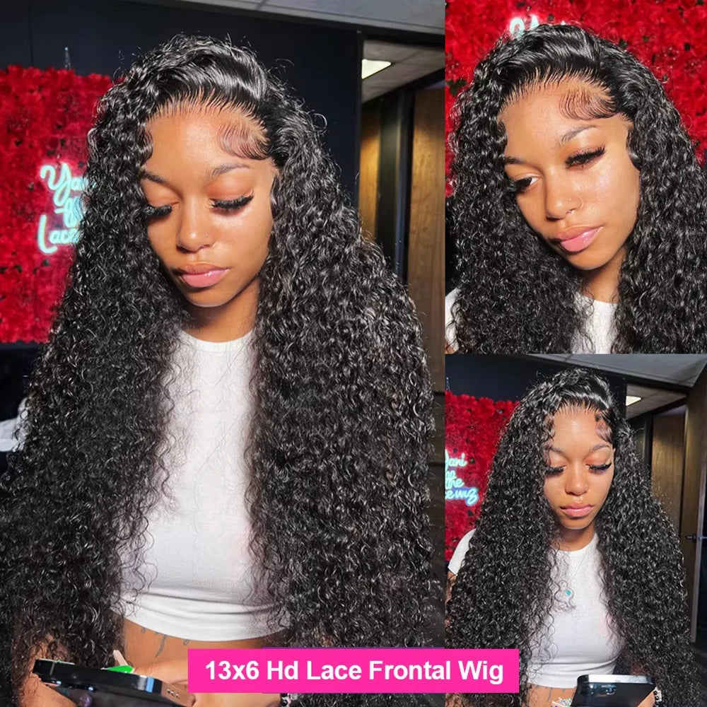 40 Inch Kinky Curly Wet And Wavy HD Lace Frontal Wigs Deep Wave Curly Human Hair Wigs For Black Women Natural Color Pre Plucked Brazilian Remy Hair 13x4 Transparent Lace Front Wig