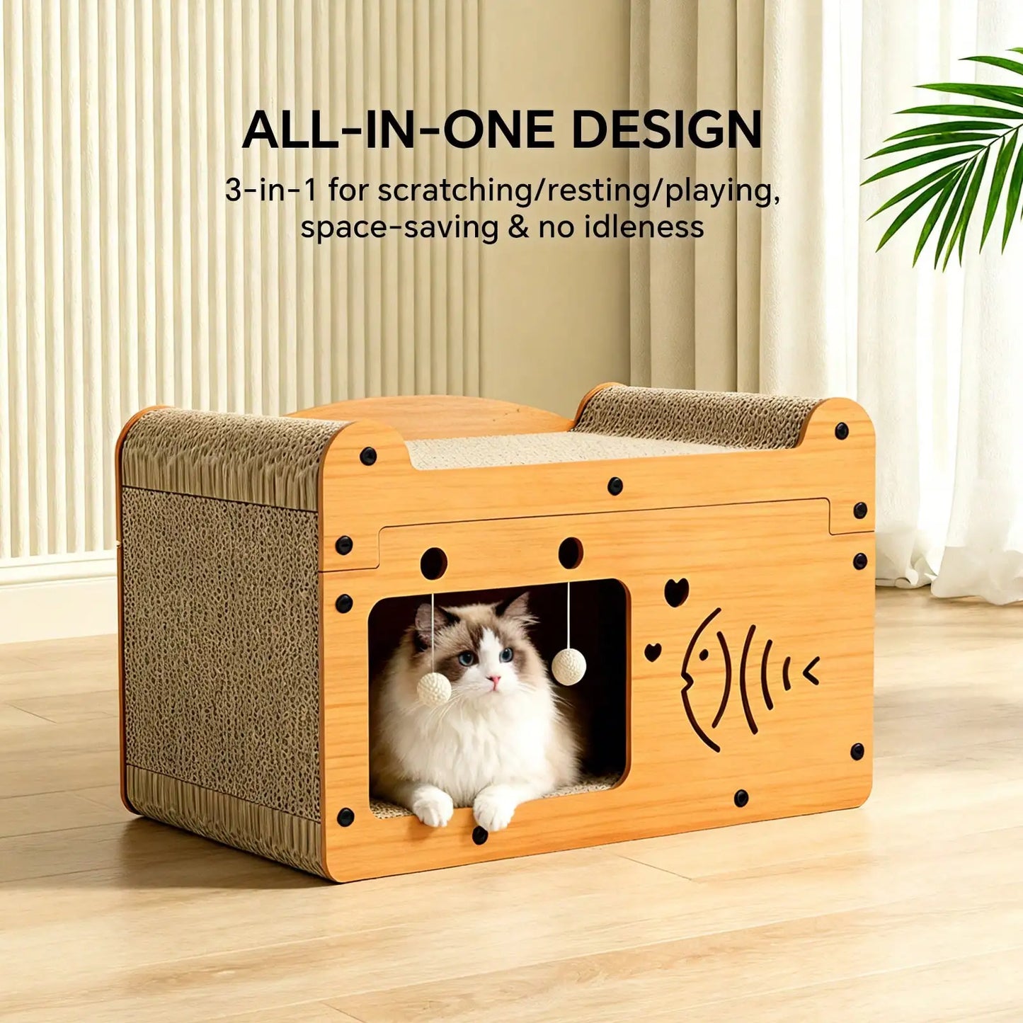 Cat Scratching Board And Resting Bed |   Durable Cardboard Scratcher With Hanging Toys, Suitable For Kittens/Adult Cats, Space-Saving All-Season Comfort, Scratching Posts, Popular Cat Nest Storage Furniture With Cat Toy Ball