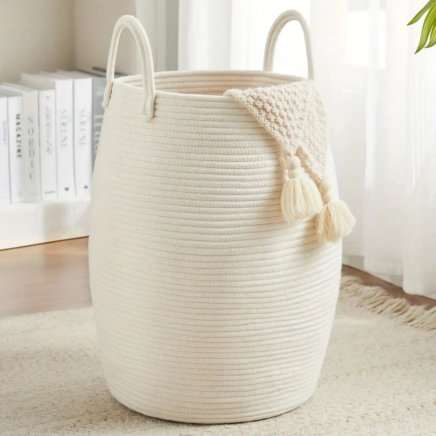 Woven Storage Basket with Handles, Large Cotton Rope Laundry Hamper, Bohemian Black & Beige Organizer for Blankets, Toys & Clothes, Rustic Farmhouse Decor