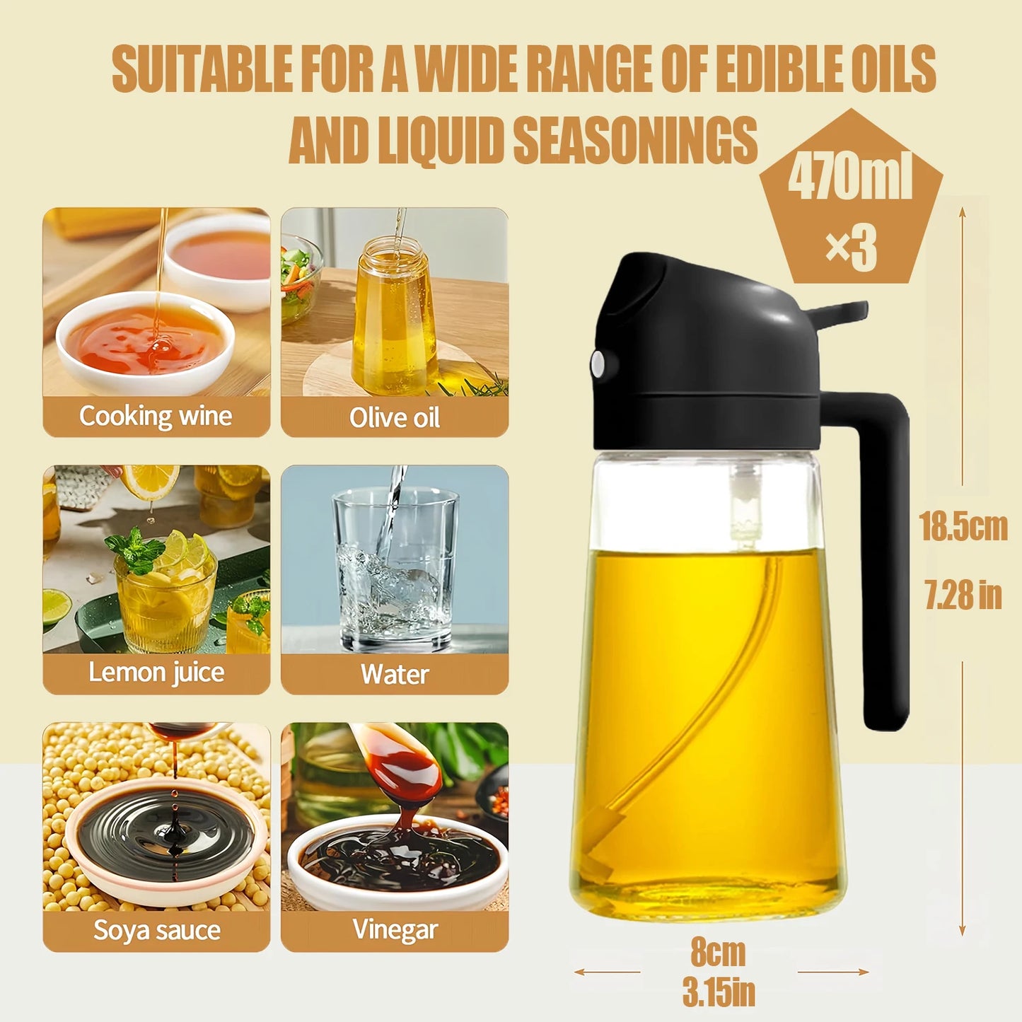 2 in 1 Oil Sprayer and Oil Dispenser Bottle, Dual Purpose Glass Oil Spray Pour Bottle for Cooking Air Fryer BBQ Salad Baking Kitchen Oil Storage Container