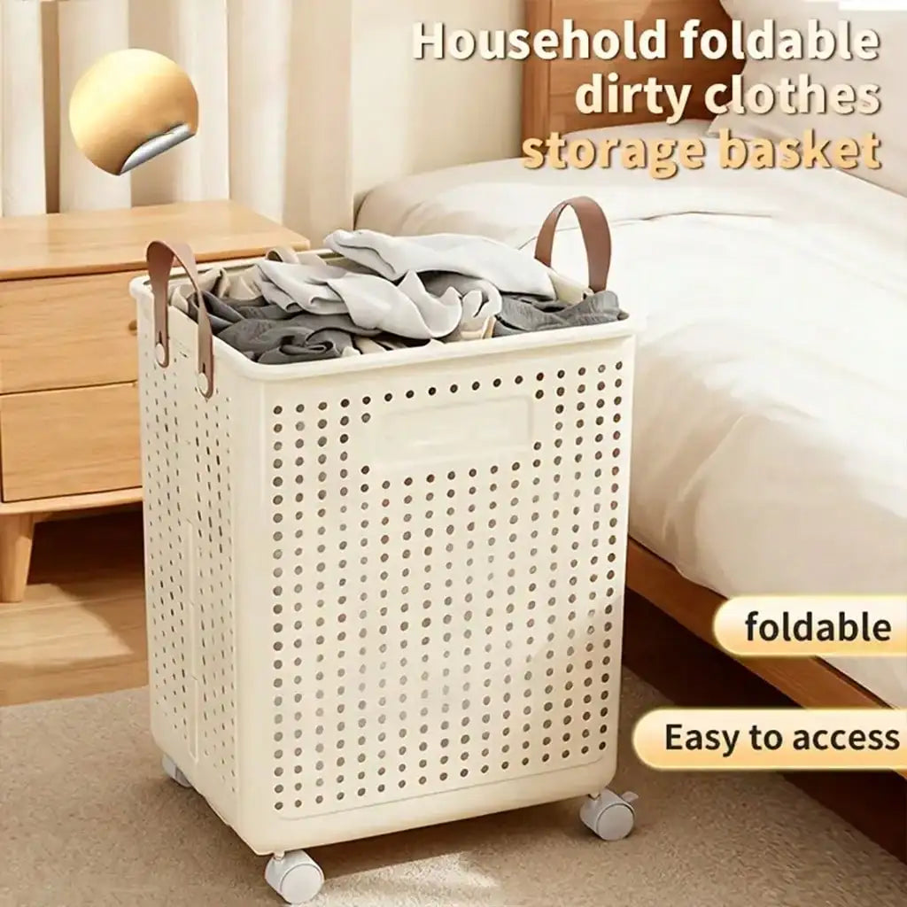 Foldable Wheeled Laundry Basket with Rolling Wheels, Large Capacity Plastic Laundry Hamper, Portable Rolling Storage Bin for Bathroom, Balcony, Dorm