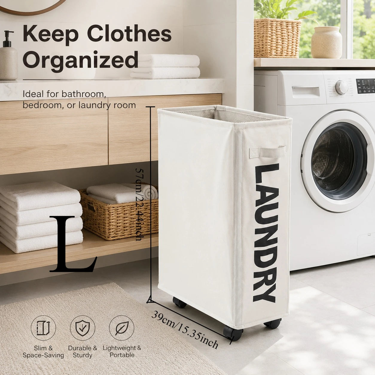 Slim Laundry Hamper with Wheels Rolling Laundry Basket Narrow Storage Bag Tall Dirty Clothes Hamper for Bathroom Bedroom Laundry Room