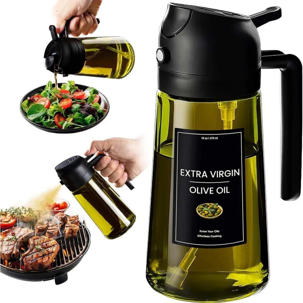 Light Proof 16oz 470ml Olive Oil Dispenser & Sprayer Bottle 2 in 1 Kitchen Gadget for Cooking Baking Air Frying Salad Dressing Healthy Food Prep Mister Atomizer Non-Aerosol with Removable Labels Stickers Dark Glass
