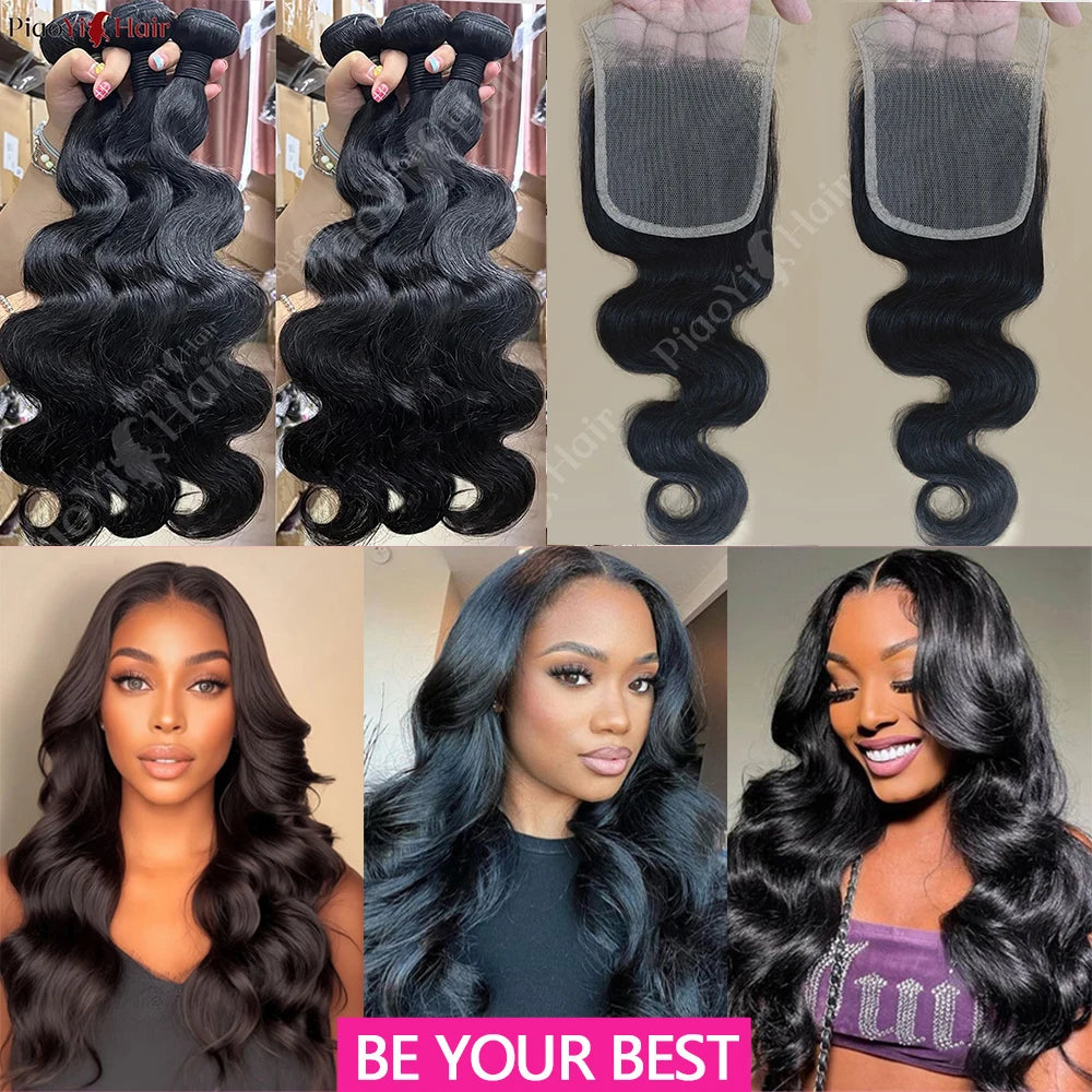 Body Wave Human Hair Bundles With 4x4/5x5 Closure 100% Raw Human Hair Weave Extensions 2X6 Middle Part Lace With HBundles