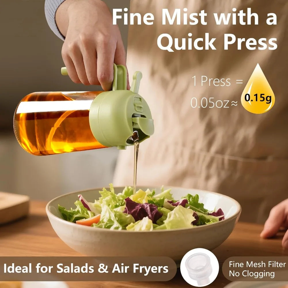 Green Glass Oil Sprayer and Dispenser Bottle for Cooking 16 oz 470 ml Kitchen Gadget Accessories Perfect for Air Frying Salad Dressing BBQ Grilling Baking Healthy Food Prep Non-Aerosol Mister with Reusable Labels and