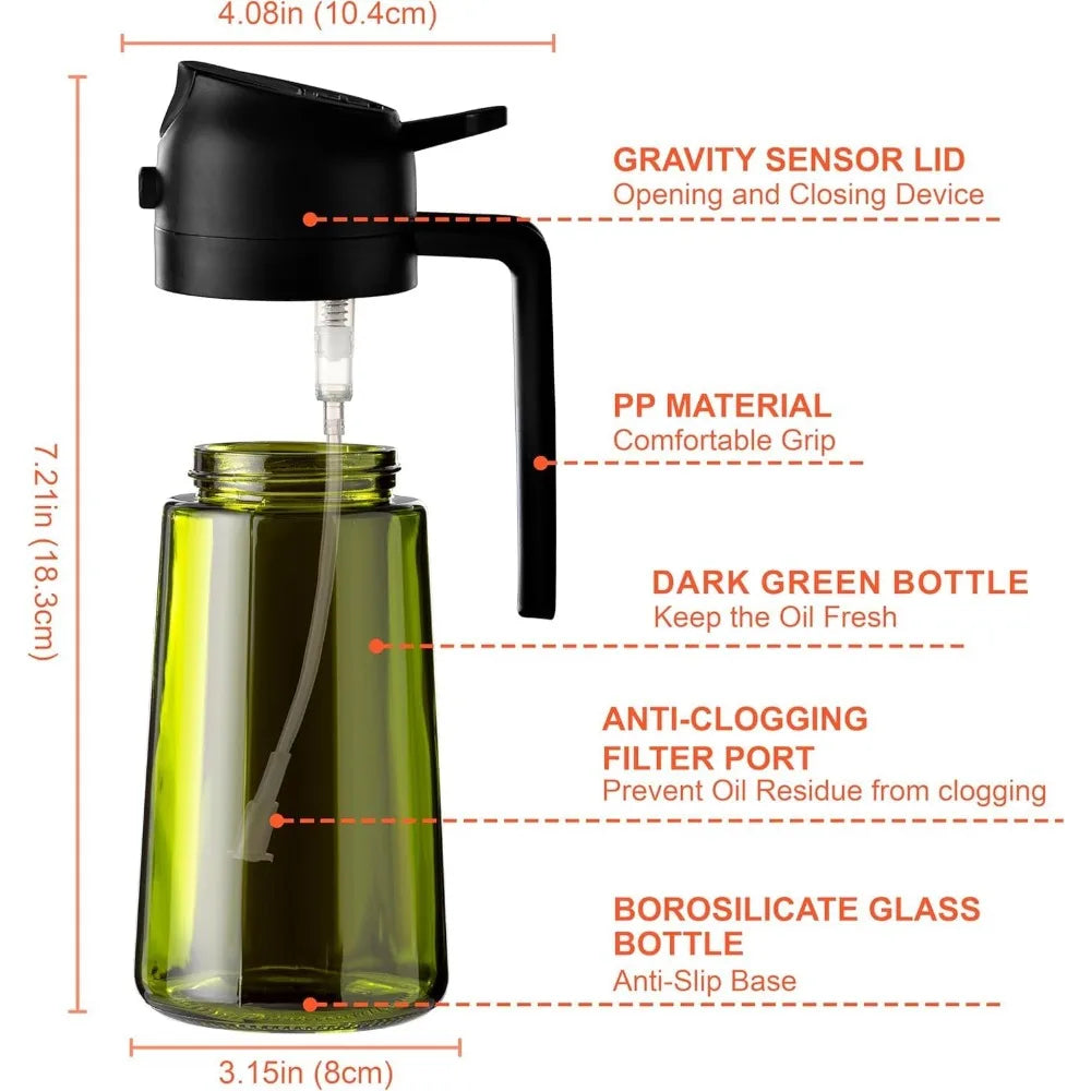 Light Proof 16oz 470ml Olive Oil Dispenser & Sprayer Bottle 2 in 1 Kitchen Gadget for Cooking Baking Air Frying Salad Dressing Healthy Food Prep Mister Atomizer Non-Aerosol with Removable Labels Stickers Dark Glass