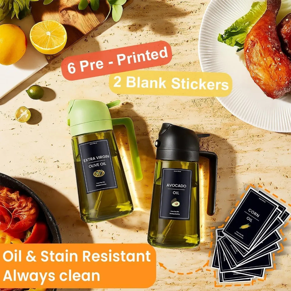 Light Proof 16oz 470ml Olive Oil Dispenser & Sprayer Bottle 2 in 1 Kitchen Gadget for Cooking Baking Air Frying Salad Dressing Healthy Food Prep Mister Atomizer Non-Aerosol with Removable Labels Stickers Dark Glass