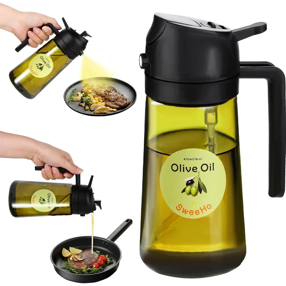 Premium Glass Oil Mister Spray Bottle and Dispenser 2 in 1 for Healthy Cooking 470ml Large Capacity Refillable Olive Oil Sprayer Perfect for Air Fryer Oven Baking Grilling BBQ Salad Kitchen Use Food Grade BPA Free Dark