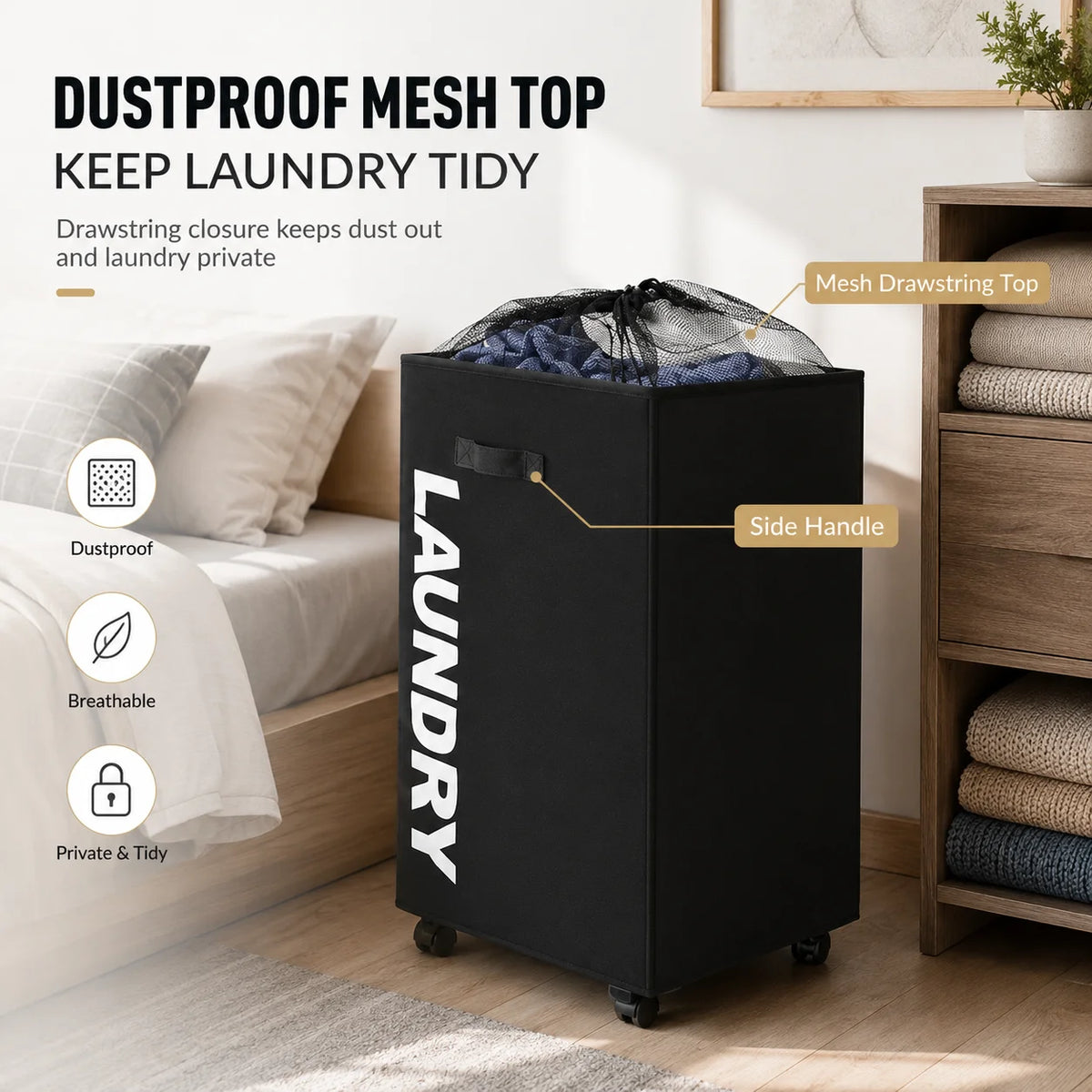 Slim Laundry Hamper with Wheels Rolling Laundry Basket Narrow Storage Bag Tall Dirty Clothes Hamper for Bathroom Bedroom Laundry Room