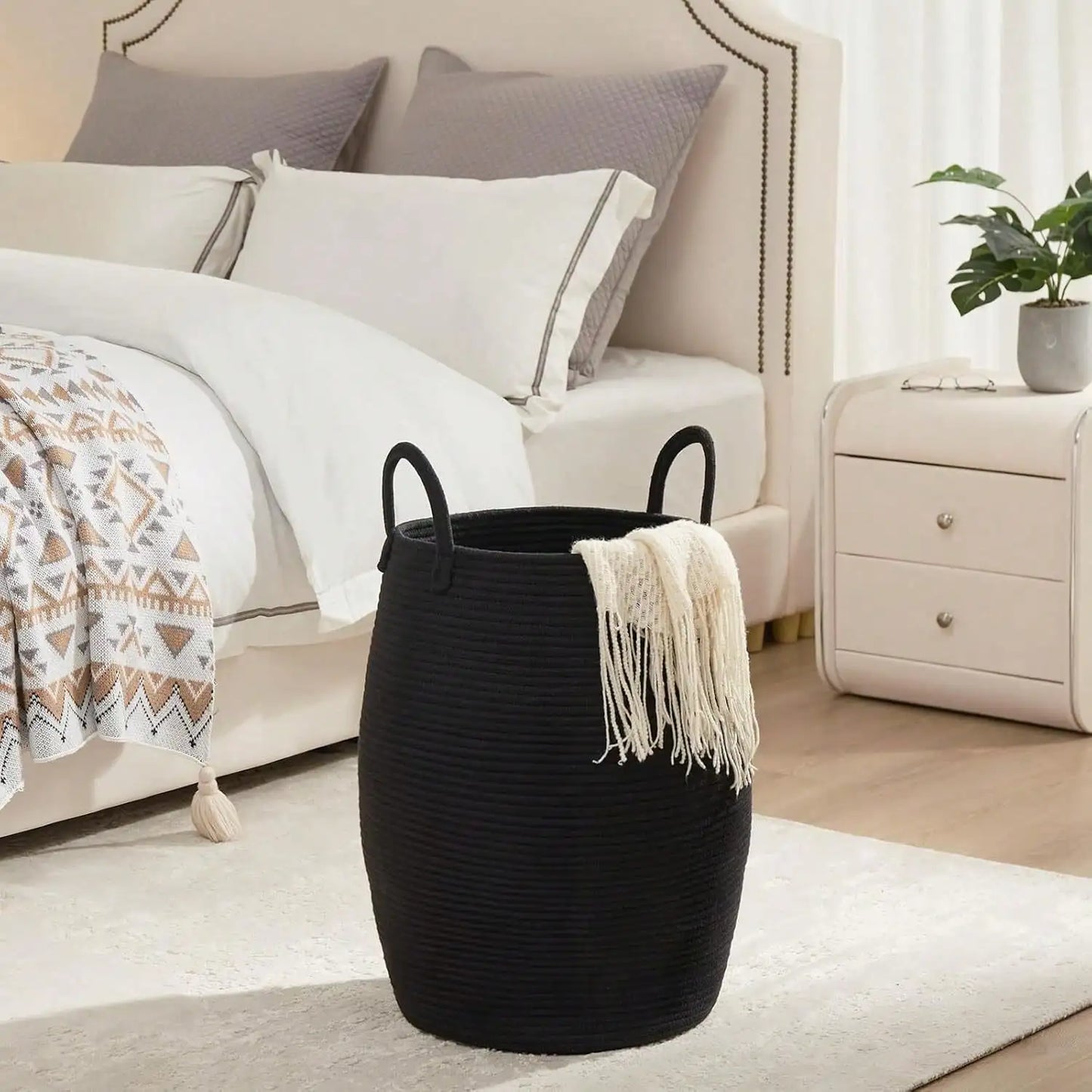 Woven Storage Basket with Handles, Large Cotton Rope Laundry Hamper, Bohemian Black & Beige Organizer for Blankets, Toys & Clothes, Rustic Farmhouse Decor