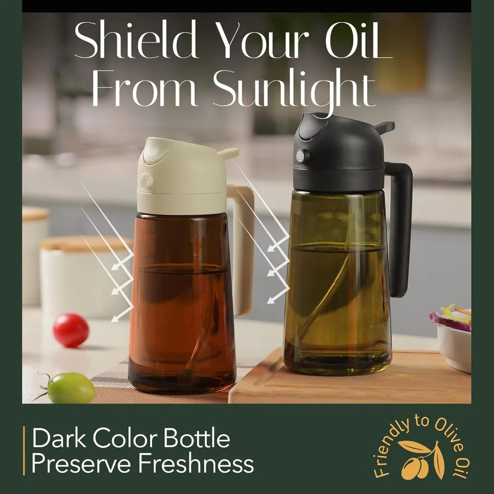 Dark Green Glass Oil Sprayer Bottle 16oz 470ml Olive Oil Dispenser 2 in 1 Kitchen Cooking Oil Mister for Air Fryer BBQ Light Blocking