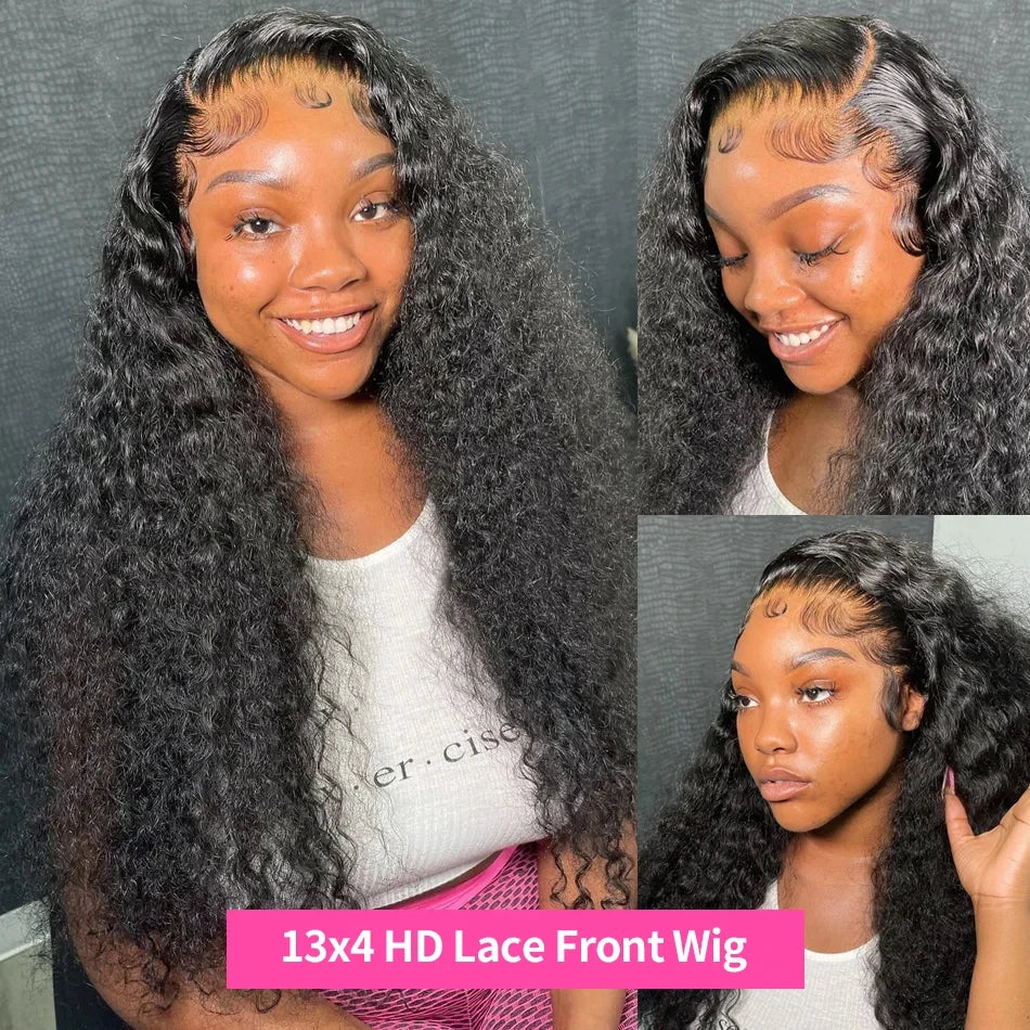 40 Inch Kinky Curly Wet And Wavy HD Lace Frontal Wigs Deep Wave Curly Human Hair Wigs For Black Women Natural Color Pre Plucked Brazilian Remy Hair 13x4 Transparent Lace Front Wig