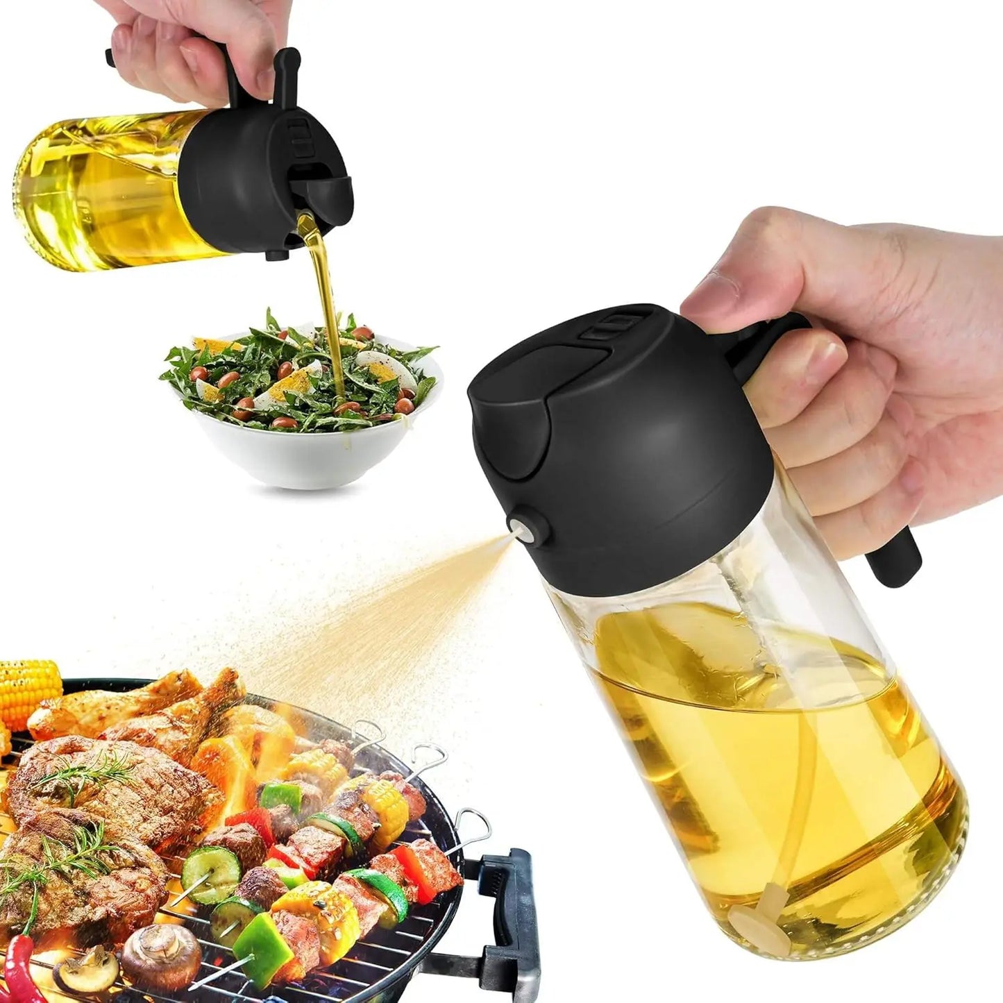 2 in 1 Oil Sprayer and Oil Dispenser Bottle, Dual Purpose Glass Oil Spray Pour Bottle for Cooking Air Fryer BBQ Salad Baking Kitchen Oil Storage Container