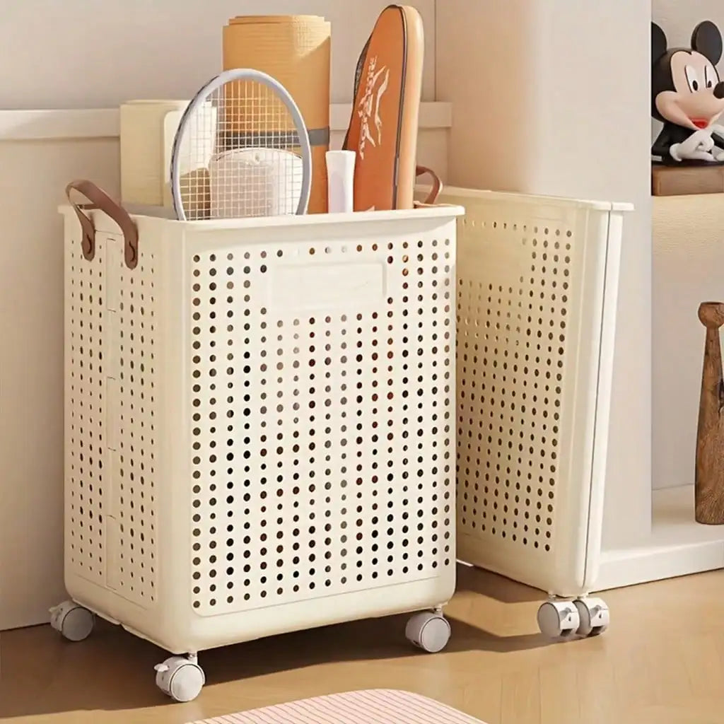 Foldable Wheeled Laundry Basket with Rolling Wheels, Large Capacity Plastic Laundry Hamper, Portable Rolling Storage Bin for Bathroom, Balcony, Dorm