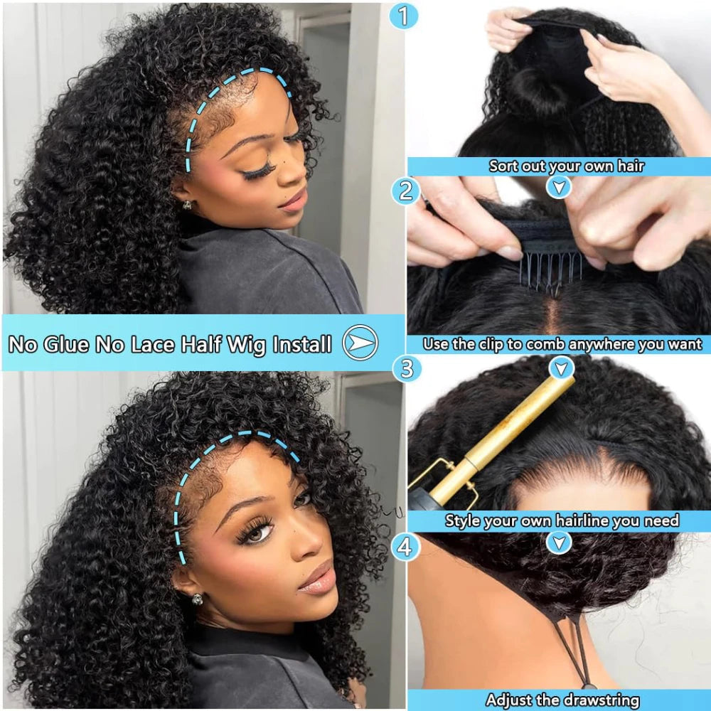 Half Wig 200% Density Remy Hair Headband Wig No Leave Out Curly 32 Inches Human Hair Wigs Upgrade Glueless Clip 3 In 1 Half Wigs For Women