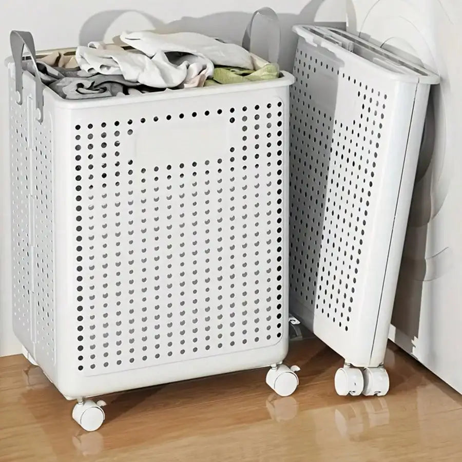 Foldable Wheeled Laundry Basket with Rolling Wheels, Large Capacity Plastic Laundry Hamper, Portable Rolling Storage Bin for Bathroom, Balcony, Dorm
