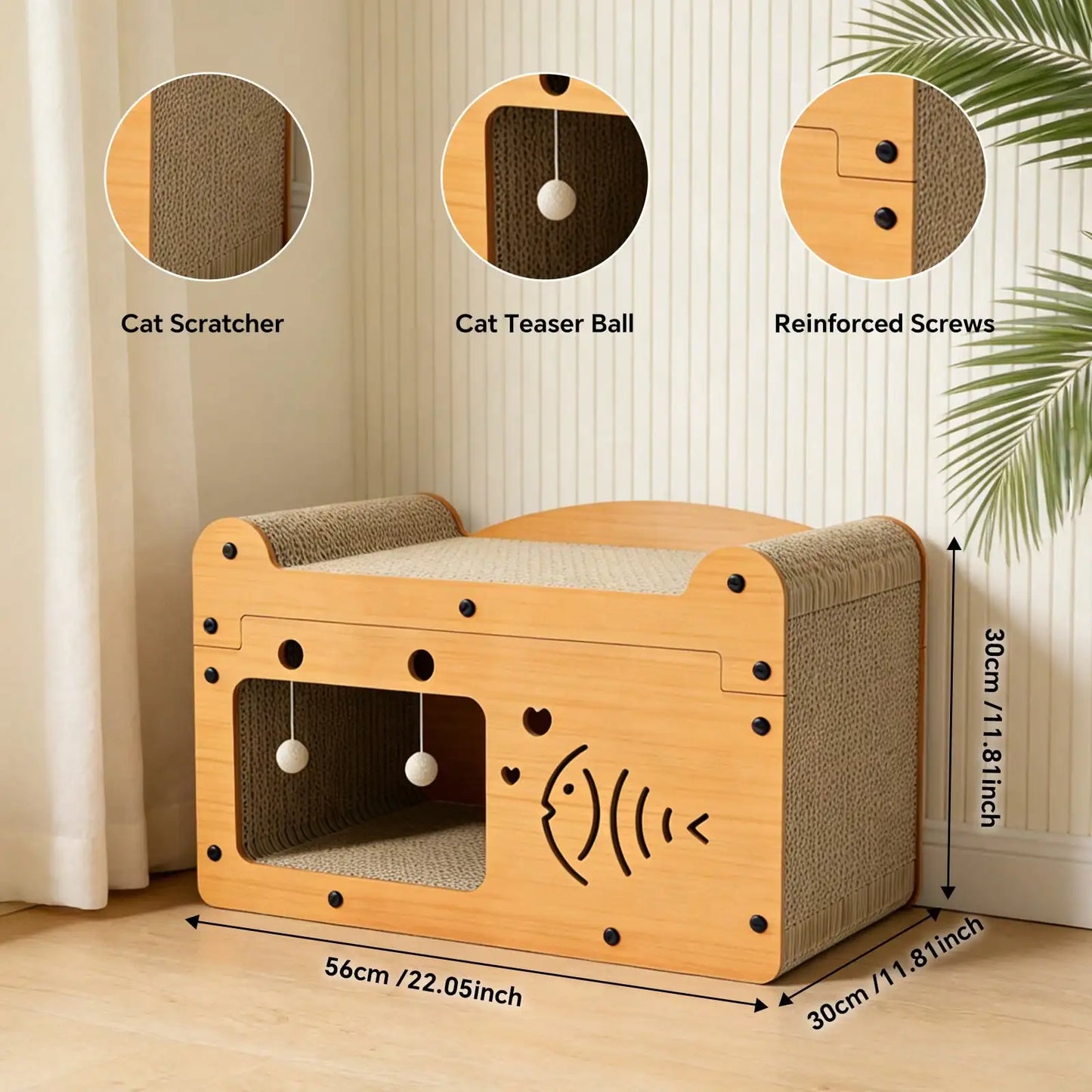 Cat Scratching Board And Resting Bed |   Durable Cardboard Scratcher With Hanging Toys, Suitable For Kittens/Adult Cats, Space-Saving All-Season Comfort, Scratching Posts, Popular Cat Nest Storage Furniture With Cat Toy Ball