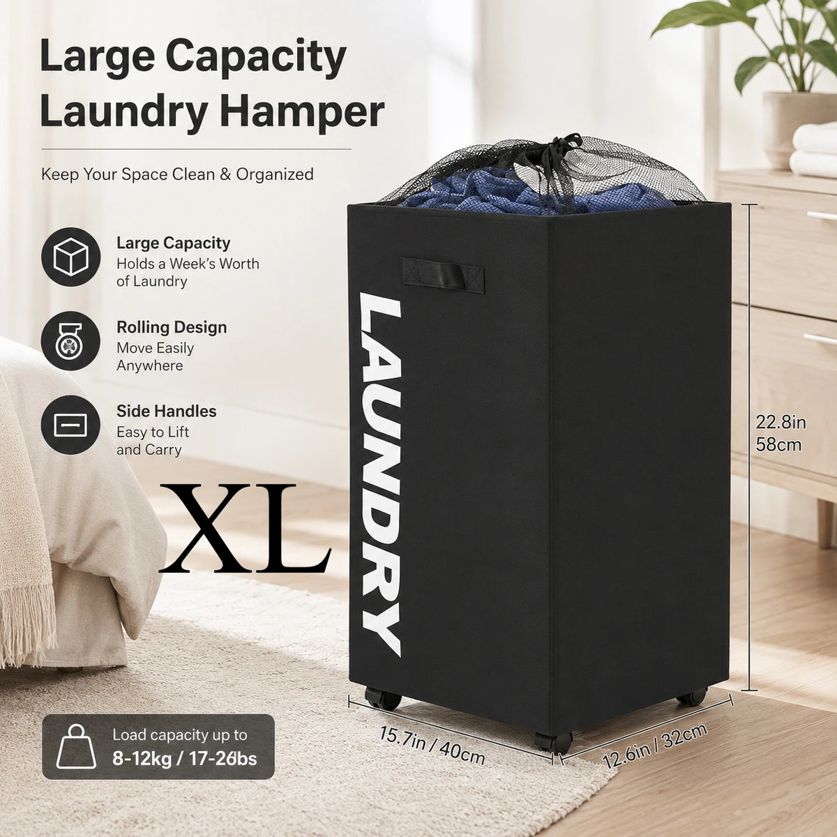 Slim Laundry Hamper with Wheels Rolling Laundry Basket Narrow Storage Bag Tall Dirty Clothes Hamper for Bathroom Bedroom Laundry Room
